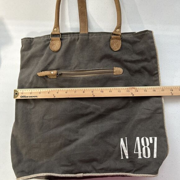 Myra Tote Bag Leather & Canvas Floral Large Bag Zip closure Multiple pockets - Picture 16 of 16